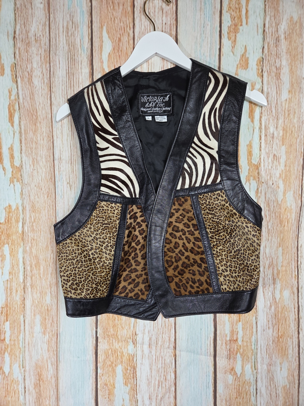 Victoria A Vintage Black Patchwork Animal Print Leather Vest. Size Large